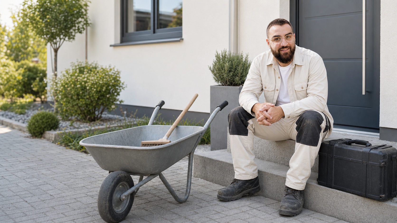 Obaida von FixHaus 34 sitzt mit Werkzeugkoffer und Schubkarre an einem Hauseingang